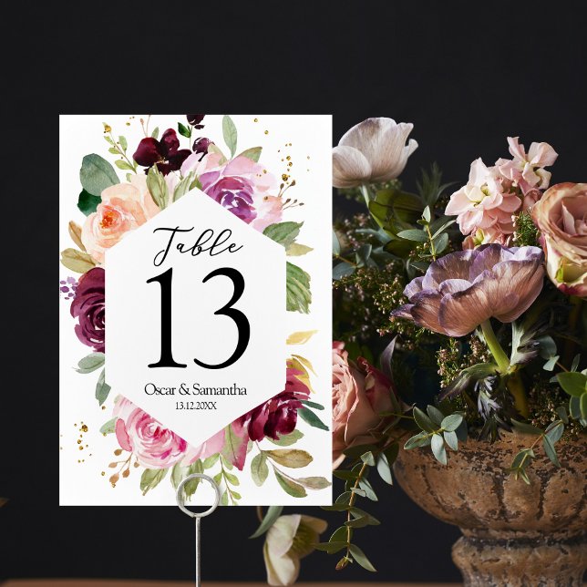 Moody & Rustic Burgundy Watercolor Floral Frame Table Number (Creator Uploaded)