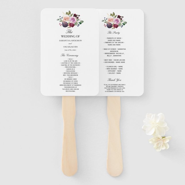 Moody & Rustic Burgundy Watercolor Flowers & Berry Hand Fan (Front and Back)