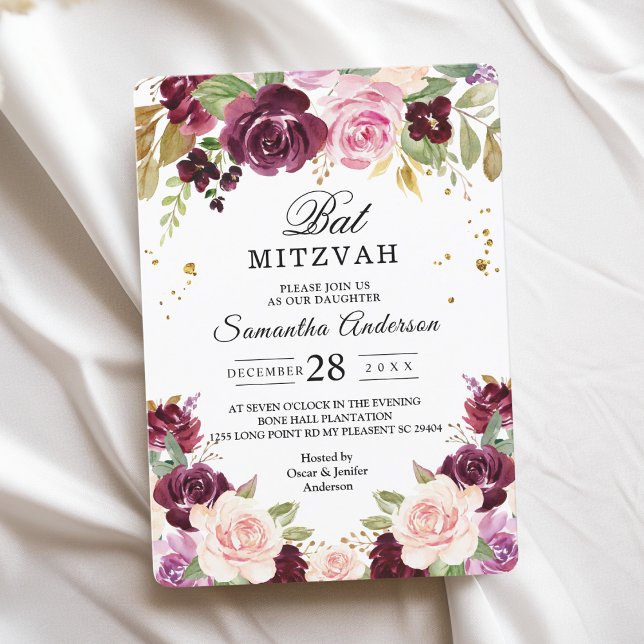 Moody & Rustic Burgundy Watercolor Flowers & Leaf Invitation (Creator Uploaded)