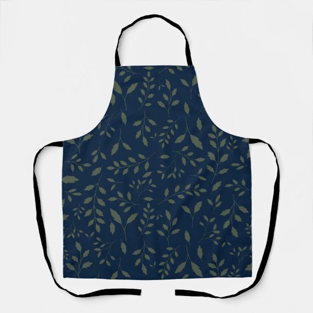 Moody Sage Green Leaves Navy Pattern Apron (Front)