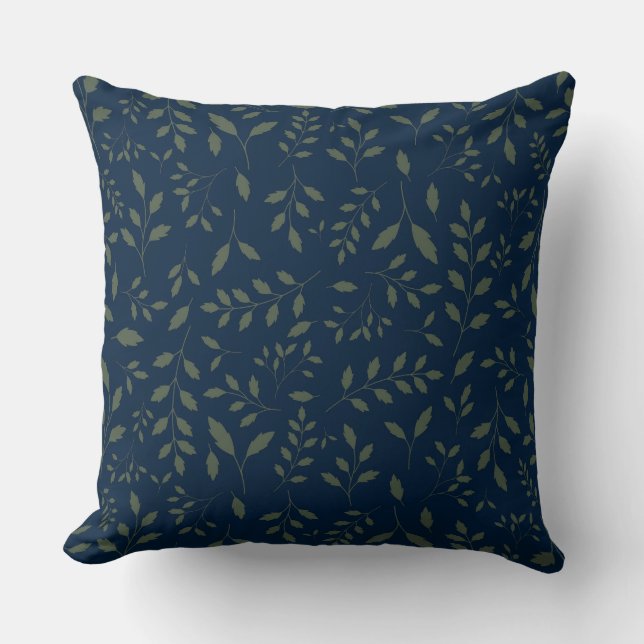 Moody Sage Green Leaves Navy Pattern Cushion (Front)