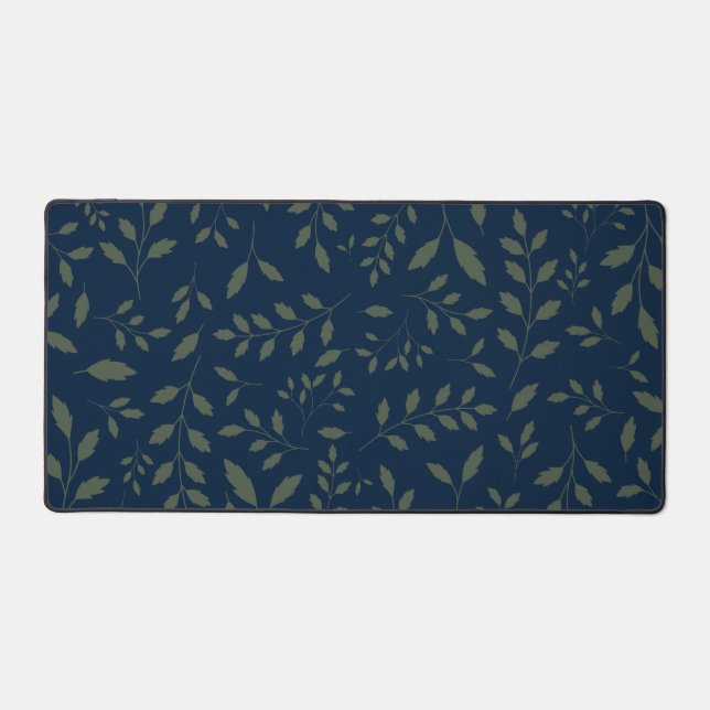 Moody Sage Green Leaves Navy Pattern Desk Mat (Front)