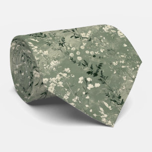 Moody Sage Green Wildflower Personalised Wedding Tie