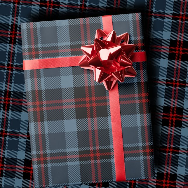 Moody Slate Blue and Deep Red Tartan Plaid Wrapping Paper (Creator Uploaded)