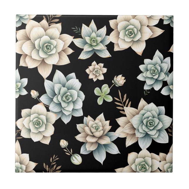 Moody Succulent Rosette Black Botanical Luxury  Tile (Front)