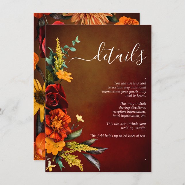 Moody Sunset Colours Script Floral Wedding Details Enclosure Card (Front/Back)