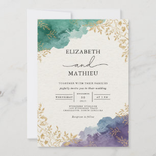 Moody Teal Abstract Floral Wedding Invitation