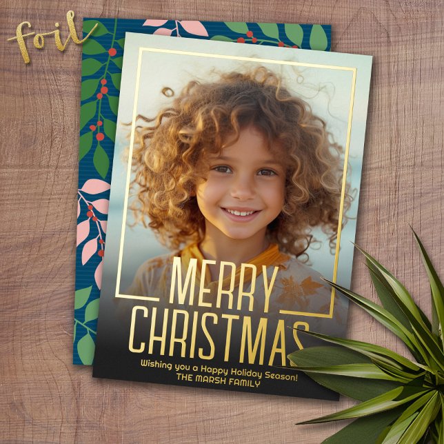 Moody Teal Botanical Merry Christmas Border Photo (Photo Christmas Card with Gold Foil Accent - Modern Merry Christmas)