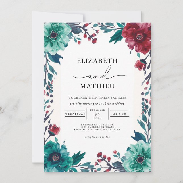 Moody Teal Floral Border Wedding Invitation (Front)
