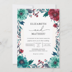 Moody Teal Floral Border Wedding Invitation