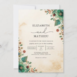 Moody Teal Floral Botanical Romance Wedding Invitation
