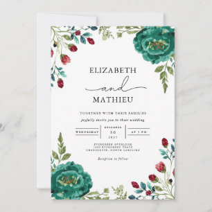 Moody Teal Floral Botanical Wedding Invitation