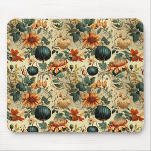 Moody Teal Pumpkin Autumn Floral Vintage Mouse Pad