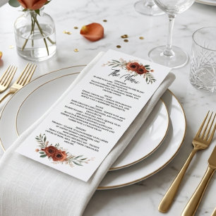 Moody Terracotta Boho Floral menu Fall wedding