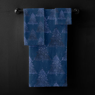 Moody Tree Pattern   Classy Navy Blue Christmas Bath Towel Set