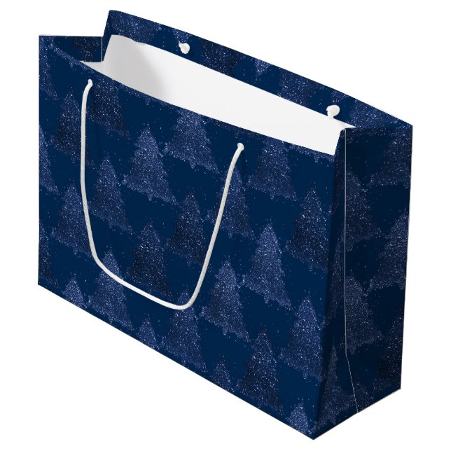 Moody Tree Pattern | Classy Navy Blue Christmas Large Gift Bag (Front Angled)