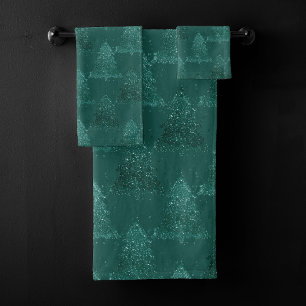 Moody Tree Pattern   Dark Midnight Teal Christmas Bath Towel Set