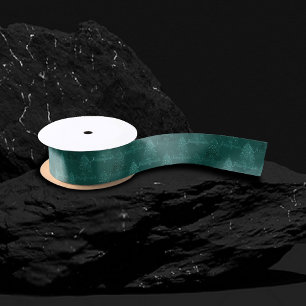 Moody Tree Pattern   Dark Midnight Teal Christmas Satin Ribbon