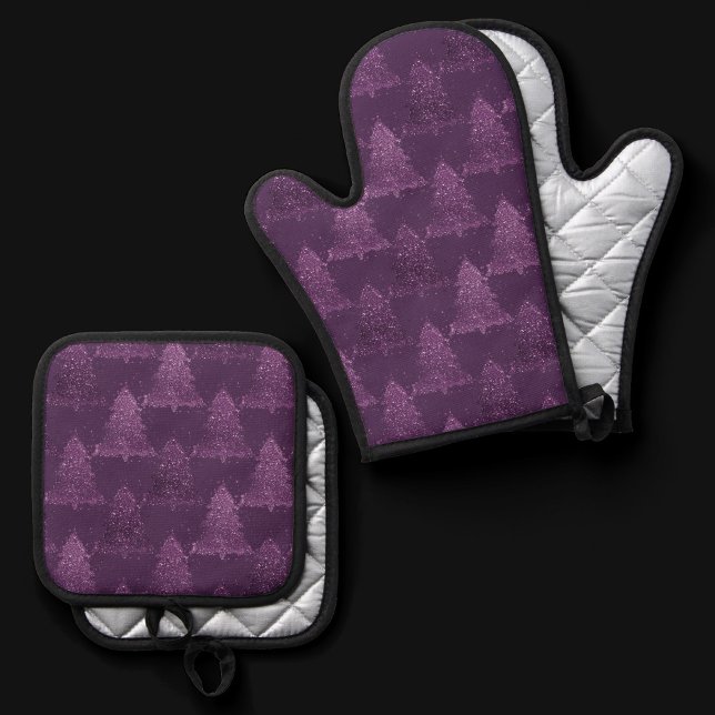 Moody Tree Pattern | Deep Plum Purple Christmas Oven Mitt & Pot Holder Set (Creator Uploaded)