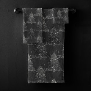 Moody Tree Pattern   Onyx Silvery Black Christmas Bath Towel Set