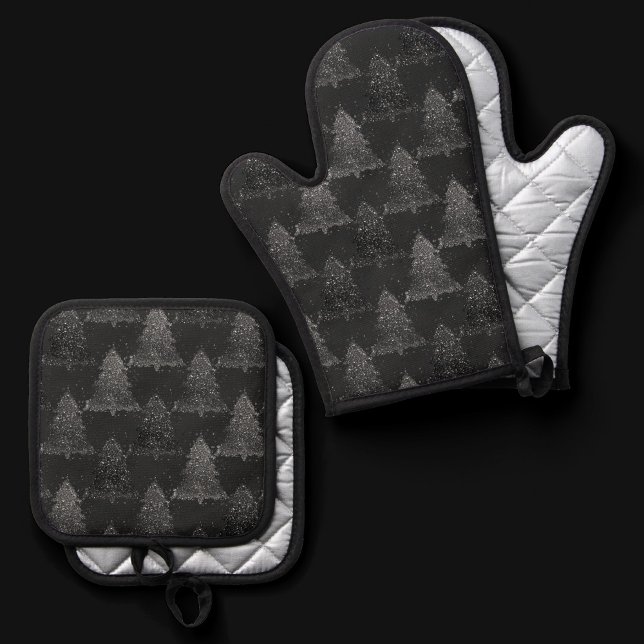Moody Tree Pattern | Onyx Silvery Black Christmas Oven Mitt & Pot Holder Set (Creator Uploaded)
