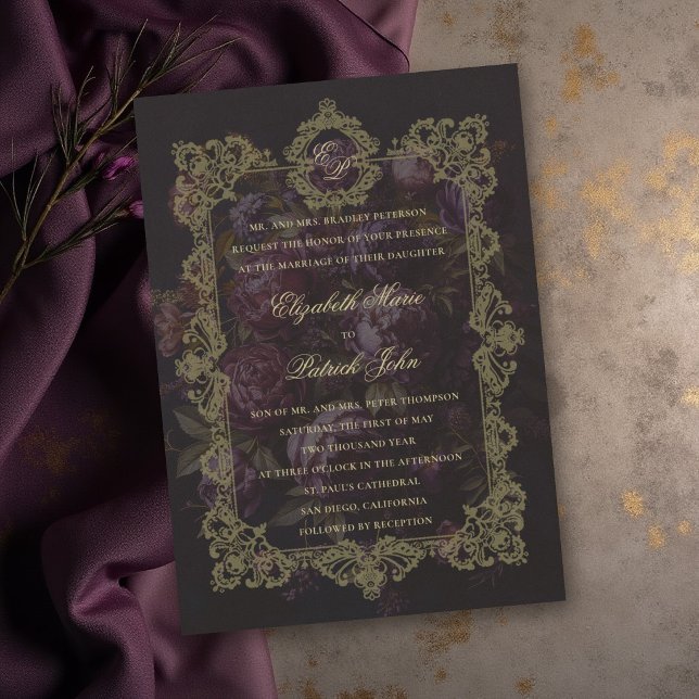 Moody Victorian Lace Botanical Crest Dark Wedding Invitation (moody wedding invitation victorian antique lace crest dark burgundy purple peony floral gold)