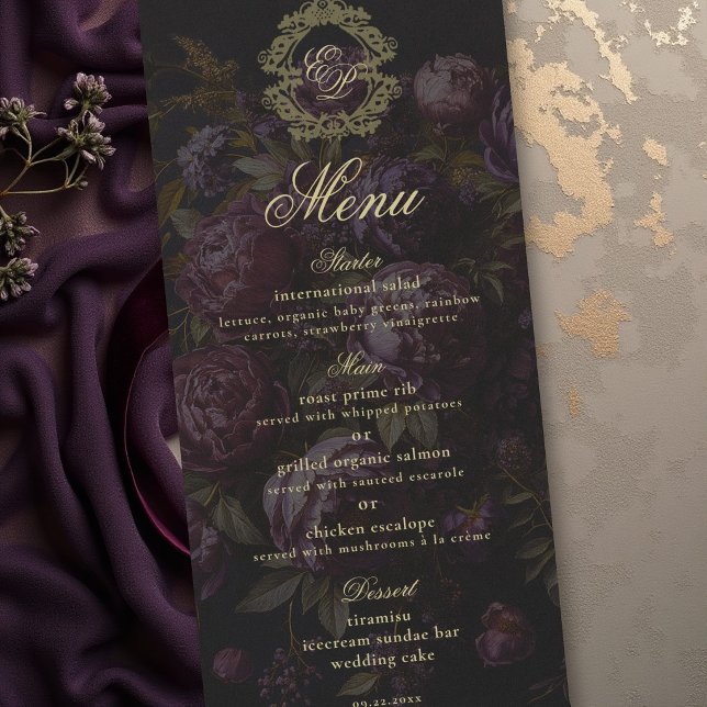 Moody Victorian Lace Botanical Crest Dark Wedding Menu (moody wedding invitation suite victorian lace dark purple burgundy peony old gold crest romantic)