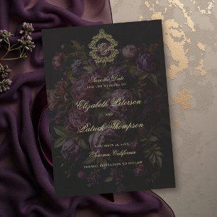 Moody Victorian Lace Botanical Crest Dark Wedding Save The Date