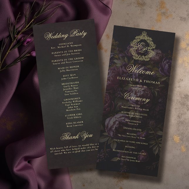 Moody Victorian Lace Crest Dark Wedding Program (moody wedding program victorian antique lace crest dark burgundy purple peony floral gold)