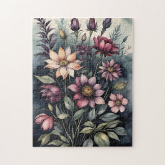 Moody Vintage Botanical Watercolor Floral Pattern Jigsaw Puzzle