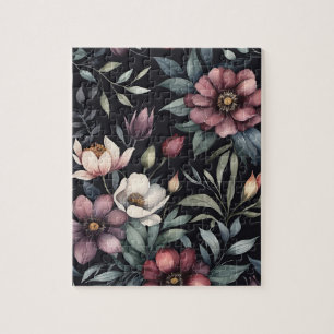 Moody Vintage Botanical Watercolor Floral Pattern Jigsaw Puzzle