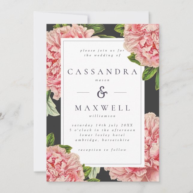 Moody Vintage Charcoal & Pink Peony Wedding Invitation (Front)