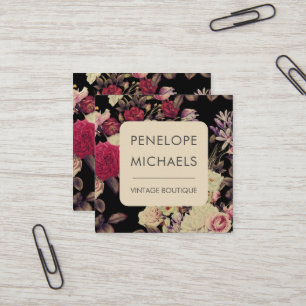 Moody Vintage Floral Pattern Black Square Business Card