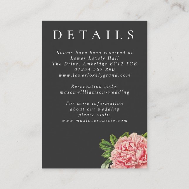 Moody Vintage Pink Peony Wedding Details Enclosure Card (Front)
