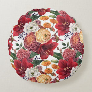 Moody Watercolor Amaryllis and Chrysanthemum Round Cushion