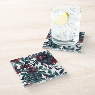 Moody Watercolor Botanical Blooms Floral Glass Coaster