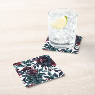 Moody Watercolor Botanical Blooms Floral Square Paper Coaster