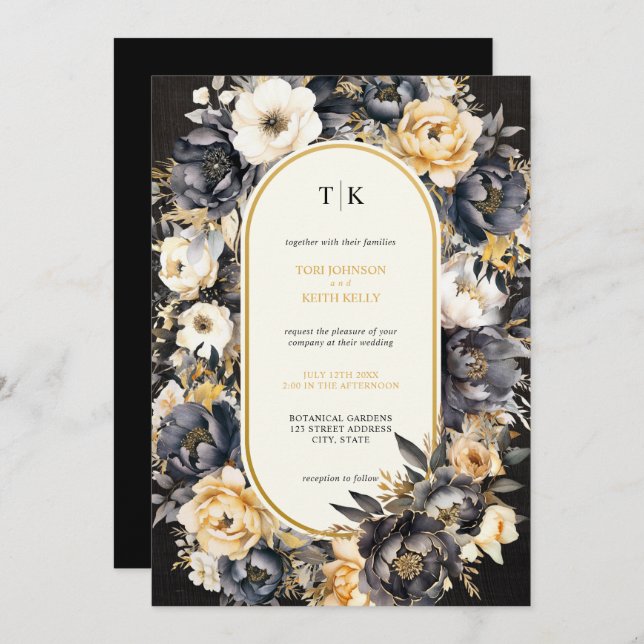 Moody Watercolor Floral Black and White Invitation (Front/Back)