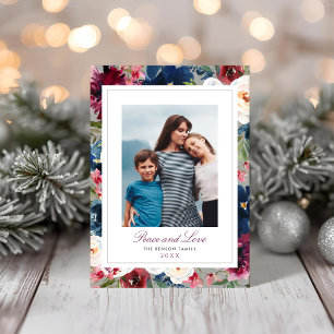 Moody Watercolor Floral Peace and Love Photo Holiday Card