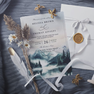 Moody Watercolor Mountains Pine QR Code Wedding Invitation