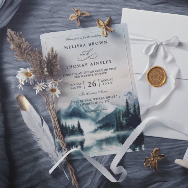 Moody Watercolor Mountains Pine QR Code Wedding Invitation (Creator Uploaded)