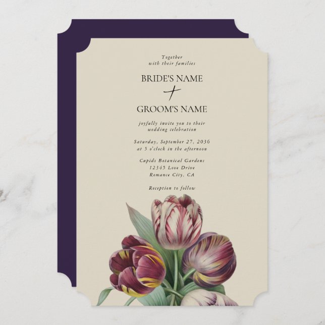 Moody Watercolor Purple Tulips Wedding Simple Invitation (Front/Back)