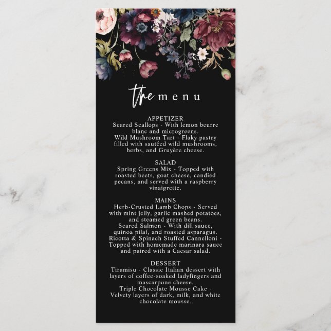 Moody Wedding Menu, Black Menu, Watercolor Floral Menu (Front)