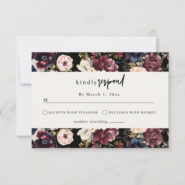 Moody Wedding Stationery | Watercolor Floral RSVP  Card (Front)