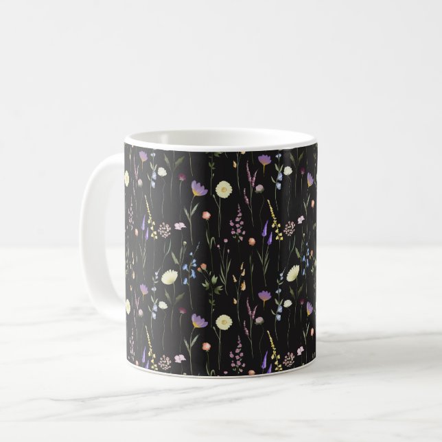 Moody Wildflowers Black Floral Pattern Coffee Mug (Front Left)