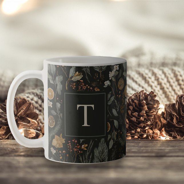 Moody Winter Botanical Christmas Holiday Monogram Coffee Mug (Creator Uploaded)