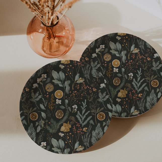 Moody Winter Botanical Christmas Holiday Paper Plate (Creator Uploaded)