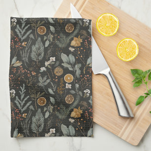 Moody Winter Botanical Christmas Holiday Tea Towel