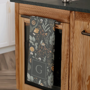 Moody Winter Botanical Monogram Christmas Holiday Tea Towel