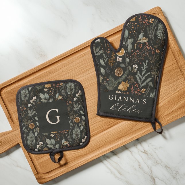 Moody Winter Botanical Personalised Oven Mitt & Pot Holder Set (Creator Uploaded)